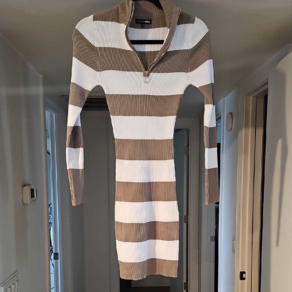 Fashion Nova Brown and White Striped Long Sleeve Dress XS